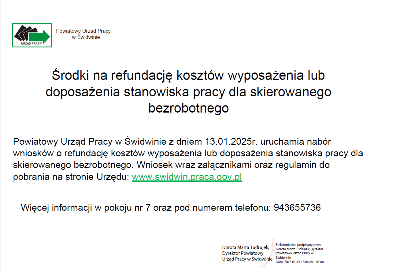 Refundacja wyposażenia lub doposażenia stanowiska pracy dla skierowanego bezrobotnego