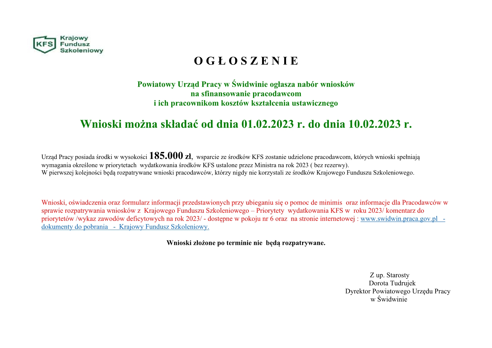 O G Ł O S Z E N I E KFS- limit 20231