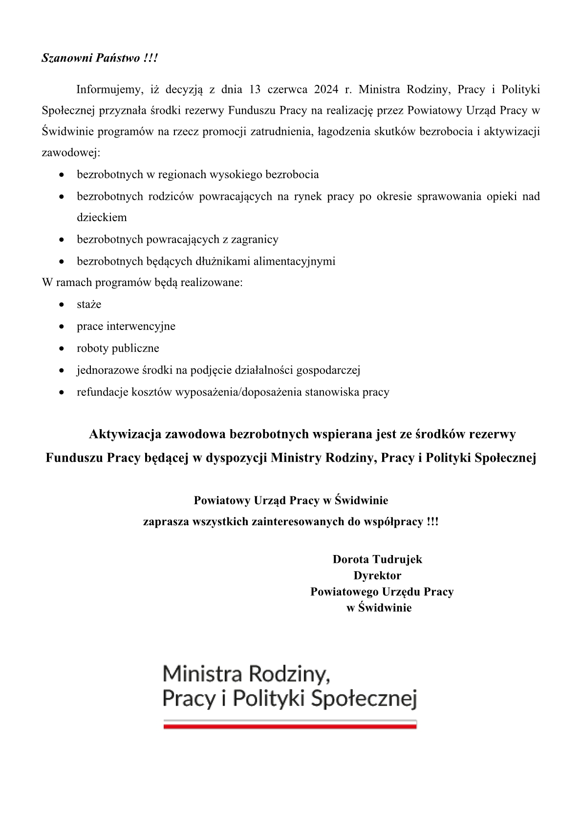 Ogłoszenie rezerwy Funduszu Pracy